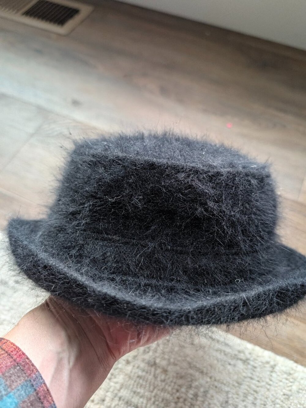 Vintage Black Angora Fuzzy Bucket Hat Cloche 80% Angora Nylon Womens Y2K
